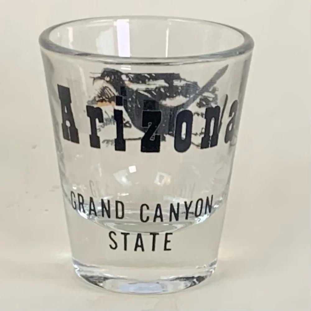 Arizona Grand Canyon State souvenir shot glass with Roadrunner.